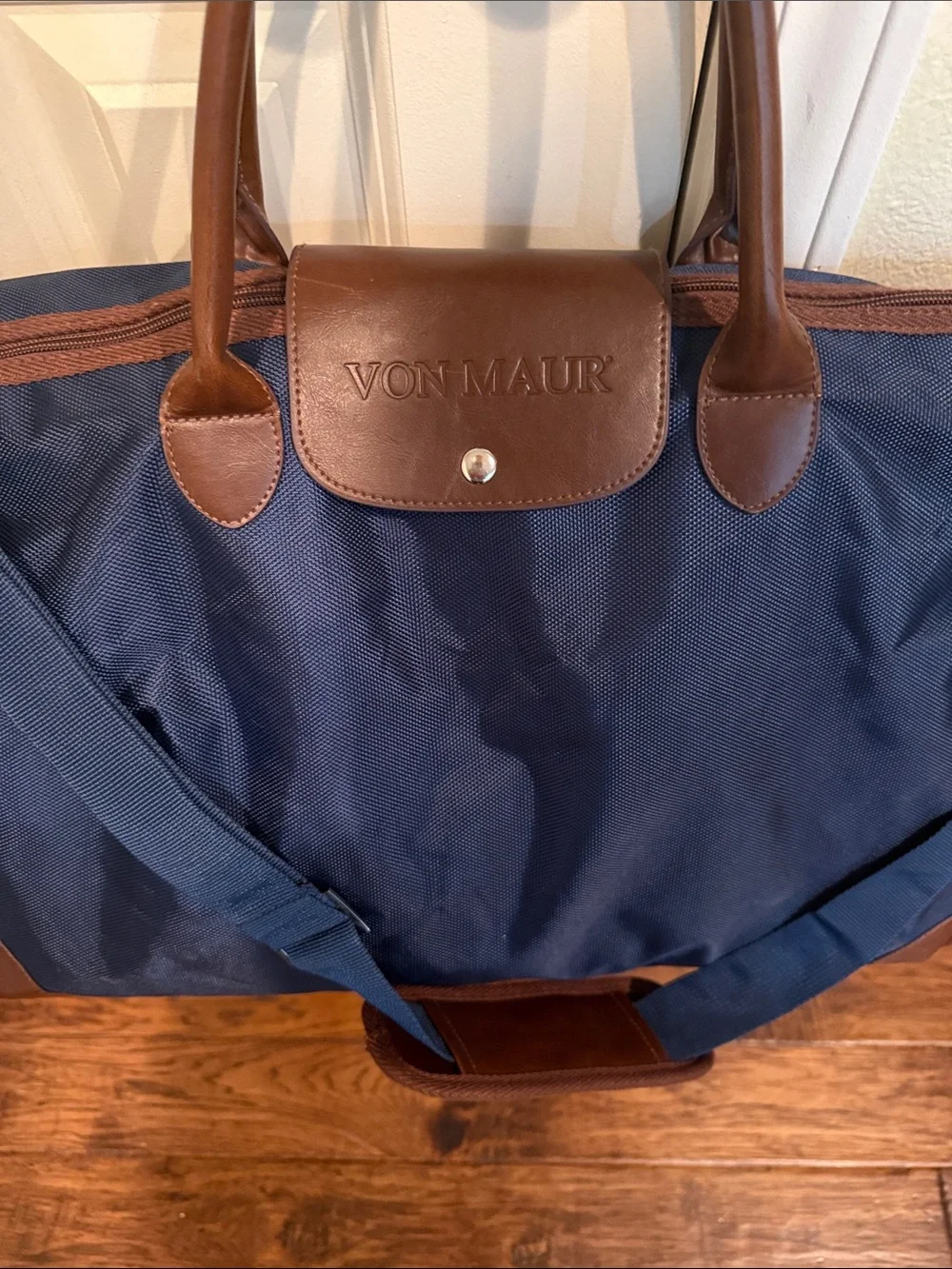 XL Navy Weekender Duffel Bag with Brown Trim